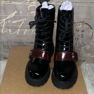 Ing Glossy Black and Deep Burgundy Combat Boots